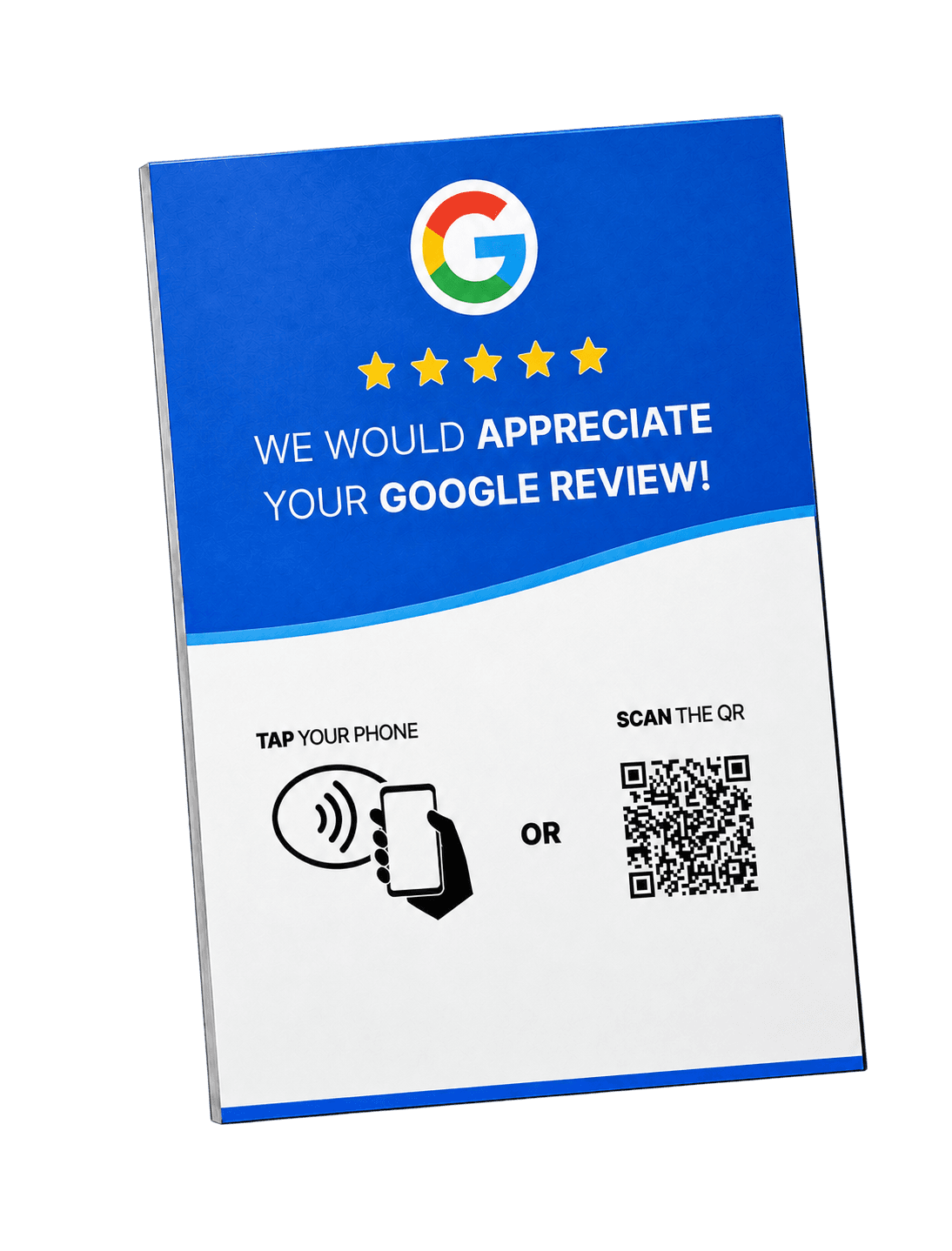 Goreview freestanding review standee with NFC tap and QR scan options